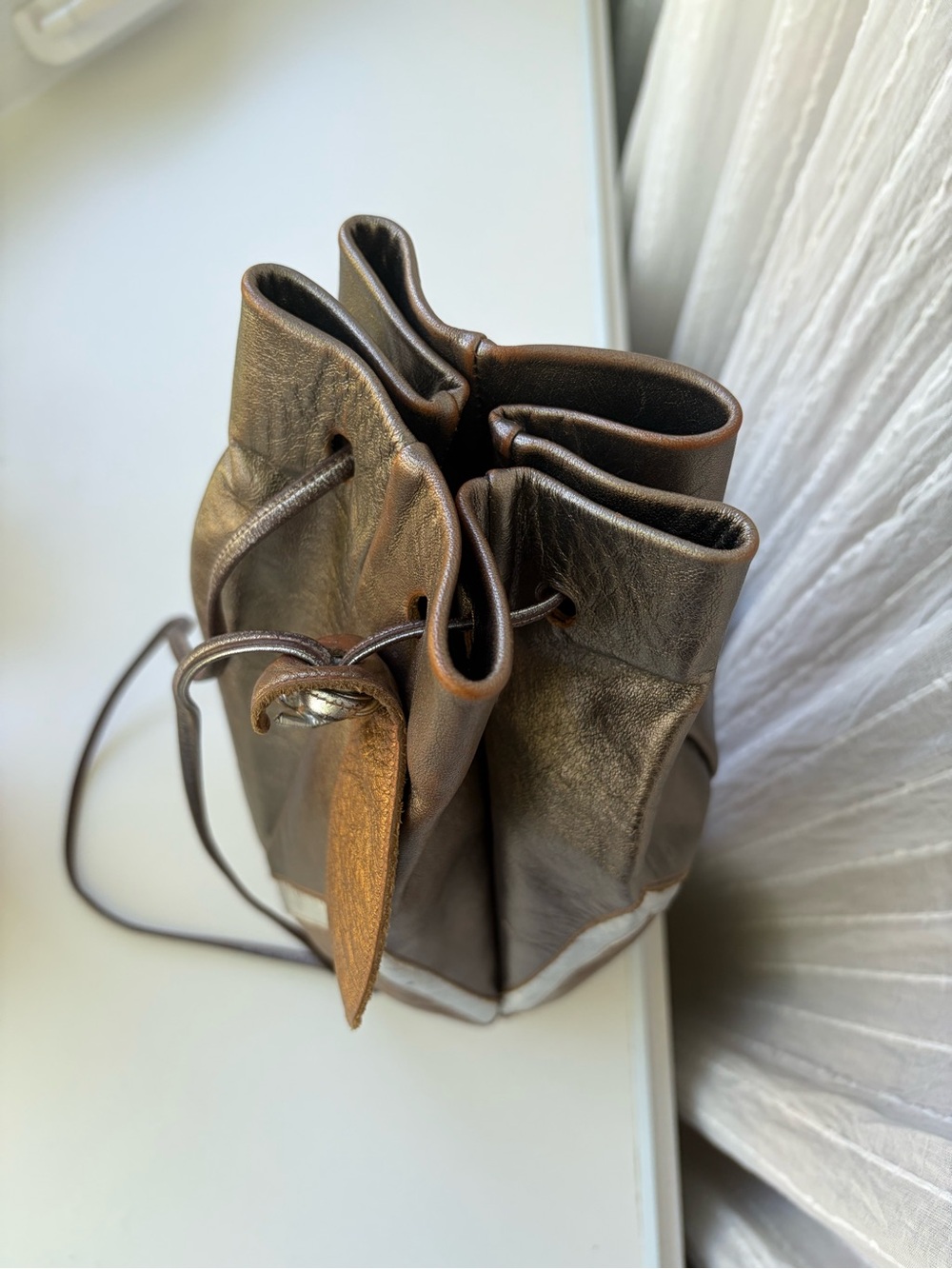 Vtg Holt Renfrew Metallic Leather Bucket Bag Italy Drawstring Patchwork 35" Y2K - Picture 3 of 13